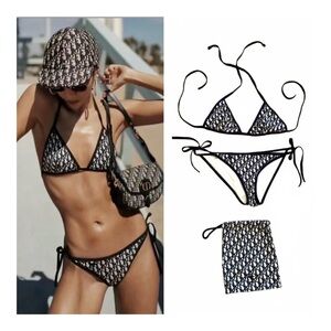 Dior Trotter Print Navy Blue and Cream Triangle Bikini